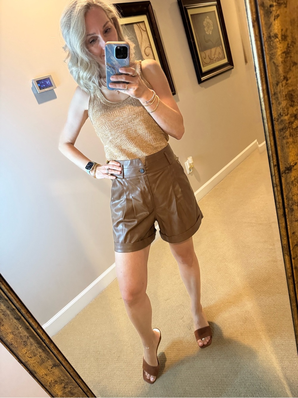 PAIGE Brown High-Waist Faux Leather Shorts